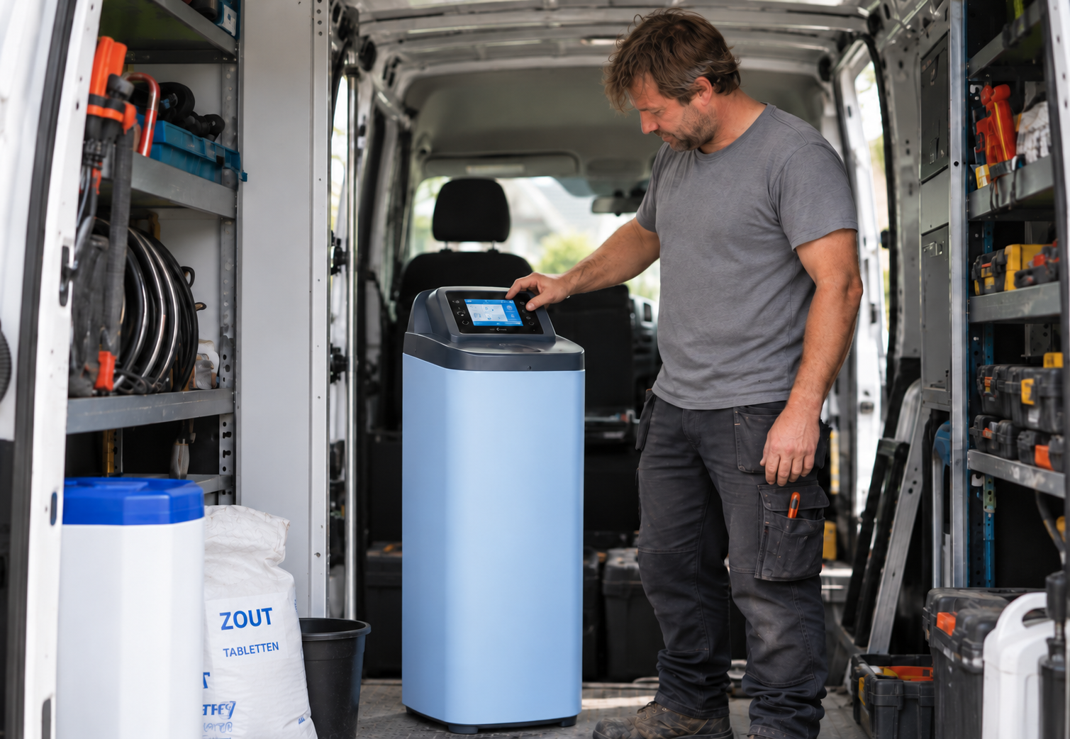 Monteur met waterontharder in een servicebus