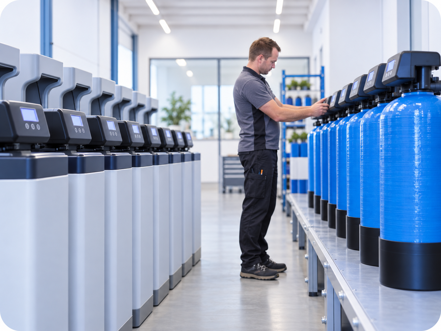 Werkplaats met verschillende waterontharders en een technicus