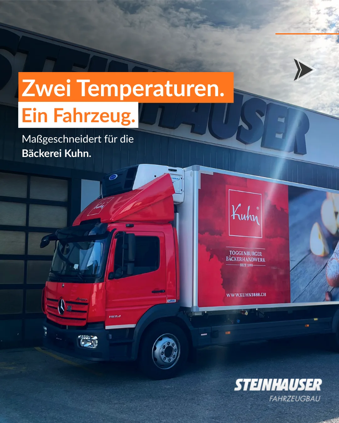 Roter Mercedes Atego mit Kuehlaufbau der Baeckerei Kuhn, Bildtext: Zwei Temperaturen. Ein Fahrzeug.