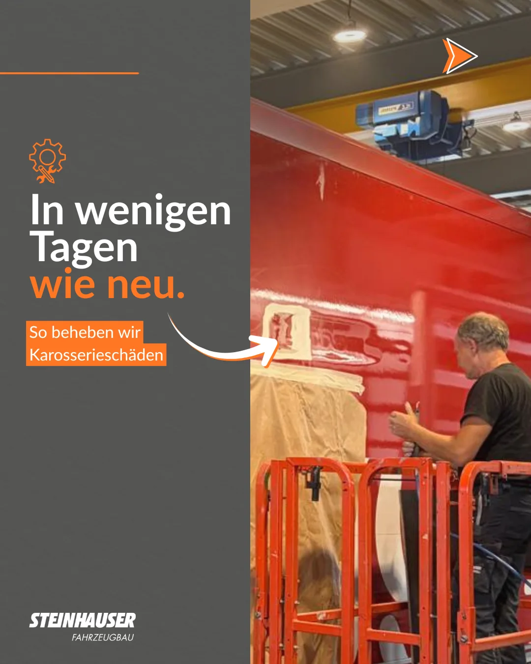 Mitarbeiter auf einer Hebebuehne arbeitet am roten Egger-Aufbau, Bildtext: In wenigen Tagen wie neu