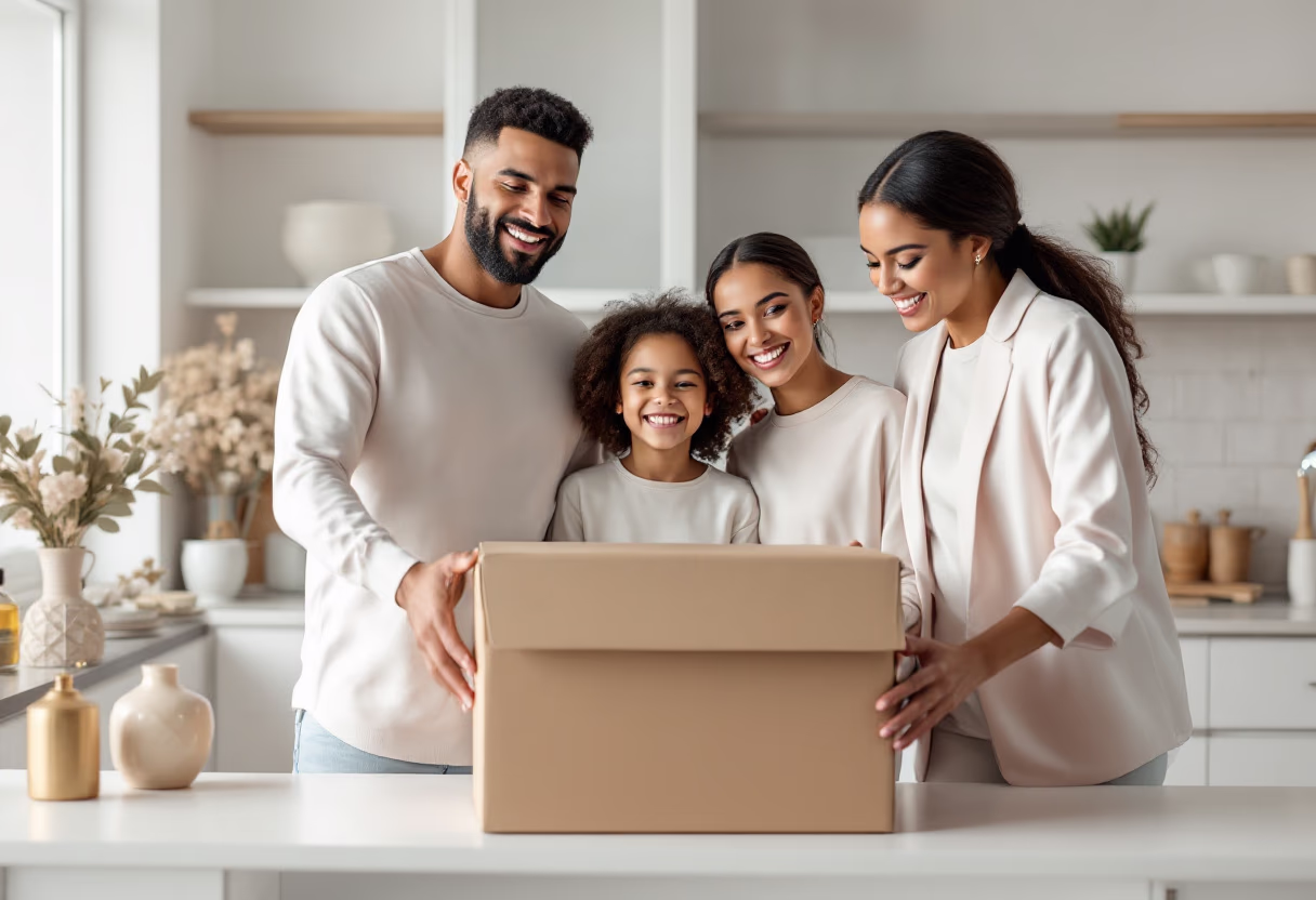 A family unpacking boxes in the kitchen of their first home