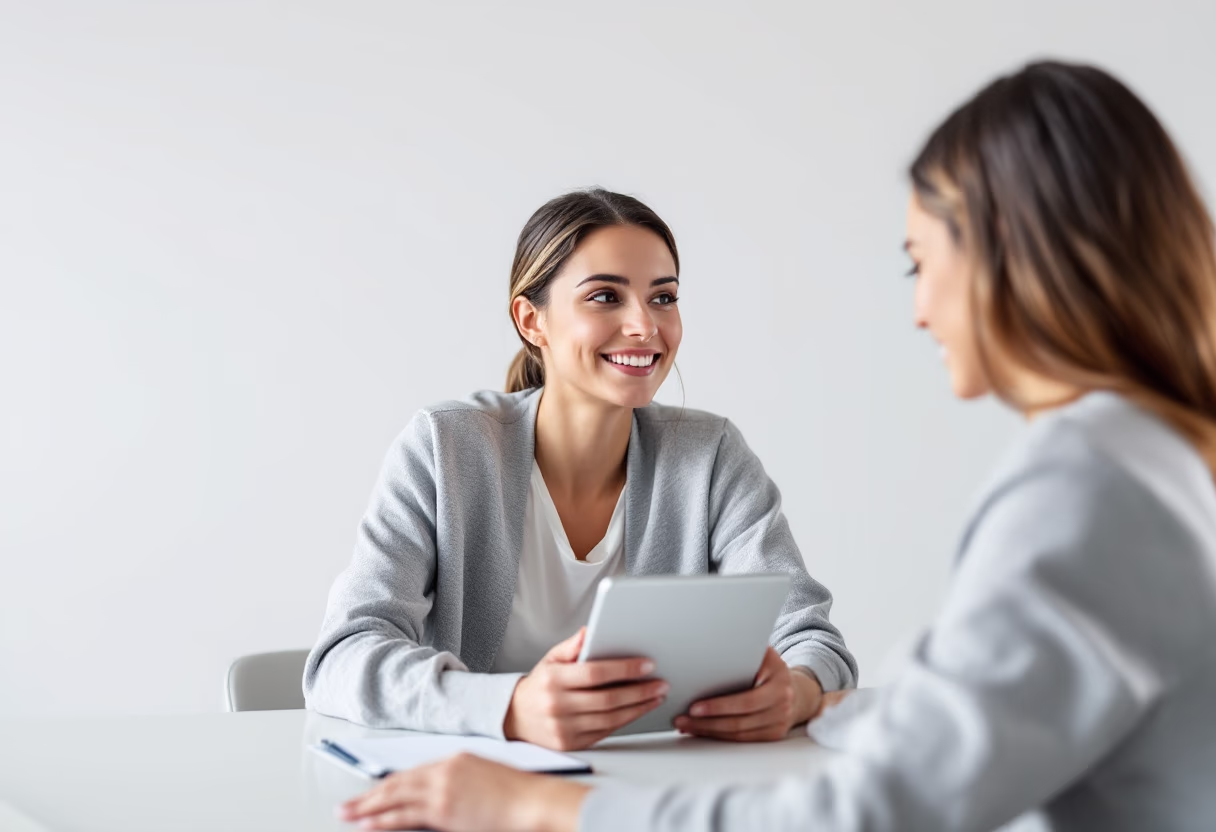 Two people discussing mortgage protection options together