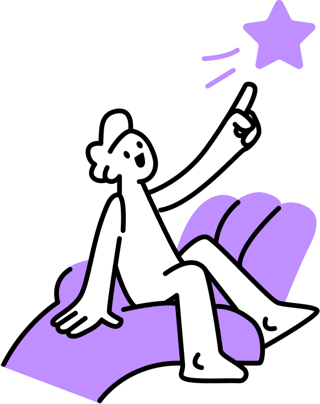 Silhouette of a person sitting on a purple couch reaching towards a shining purple star above.