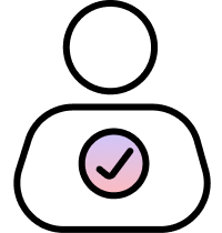 White user profile icon with a circular checkmark symbol in gradient purple and pink at the center of the chest.