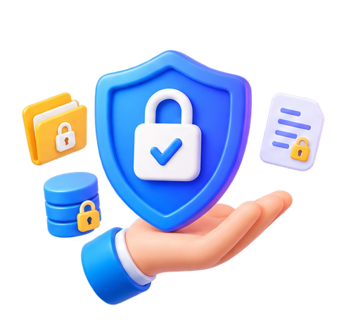 A 3D-rendered hand holding a blue protective shield with a white padlock and checkmark symbolizing security, surrounded by locked icons on a yellow folder, blue database, and a document, representing data protection and cybersecurity.