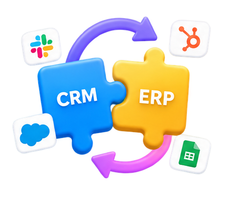 Two puzzle pieces labeled CRM in blue and ERP in yellow connected with two purple curved arrows forming a loop, surrounded by icons for Slack, HubSpot, Salesforce, and Google Sheets.