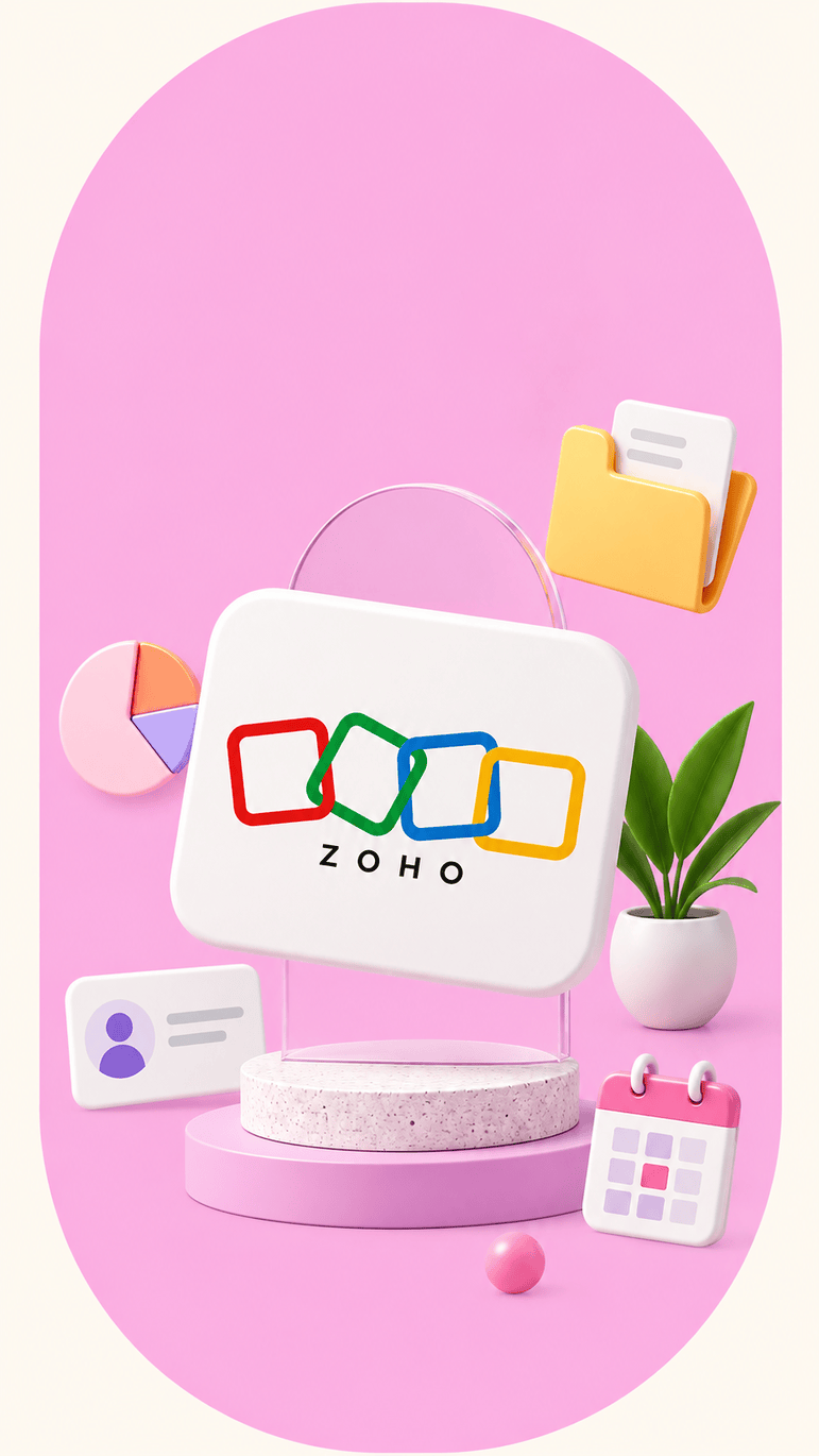 3D illustration of Zoho logo with four colored interlinked squares on a white board, set against a pink background alongside icons representing a pie chart, user profile, calendar, a yellow folder with documents, and a small potted plant.