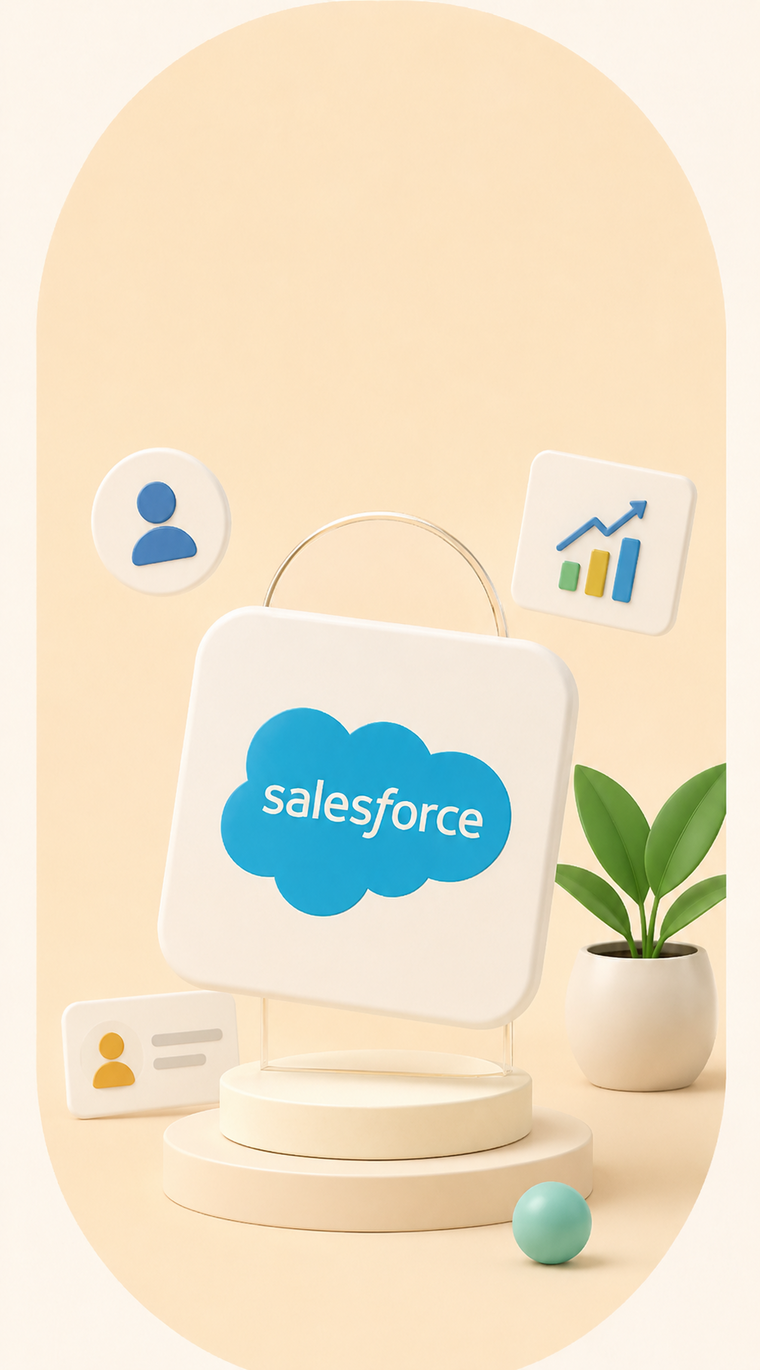 3D illustration of a sign with the Salesforce logo in blue on a white background, displayed on a beige circular podium with a small plant in a white pot and floating icons representing user profiles and rising charts.