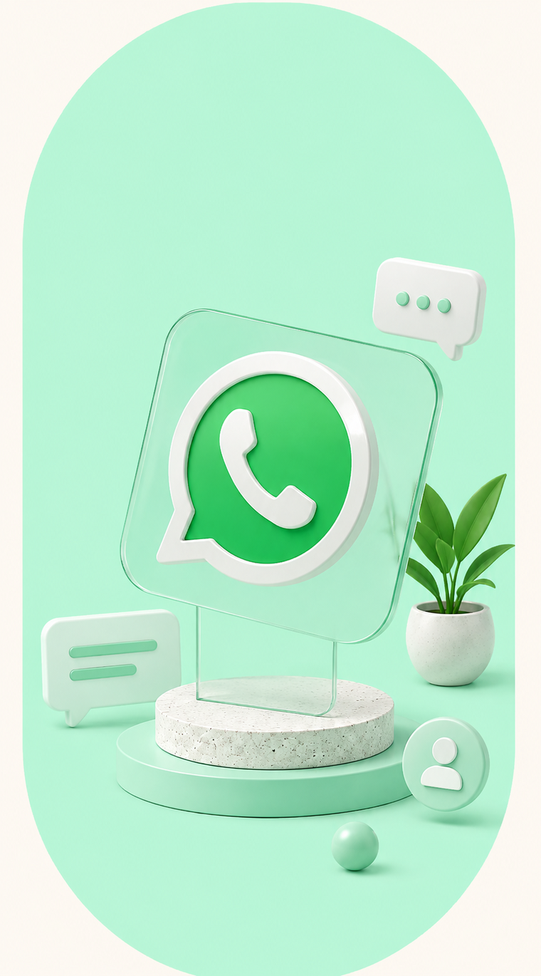 3D illustration of the WhatsApp logo in green and white on a translucent square pedestal, surrounded by minimalist icons for chat messages and a user profile, with a small potted plant in the background, all set against a green backdrop.