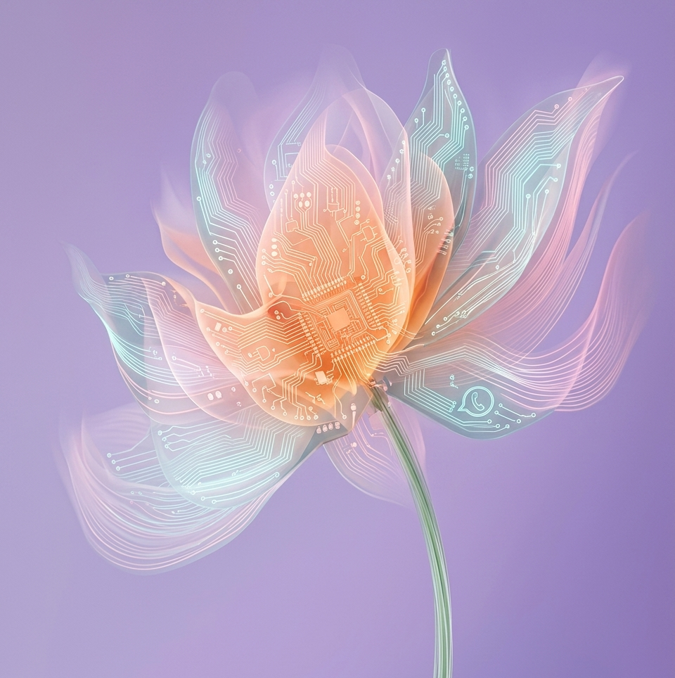 Digital art of a flower with translucent petals resembling circuit boards and microchips on a purple background.