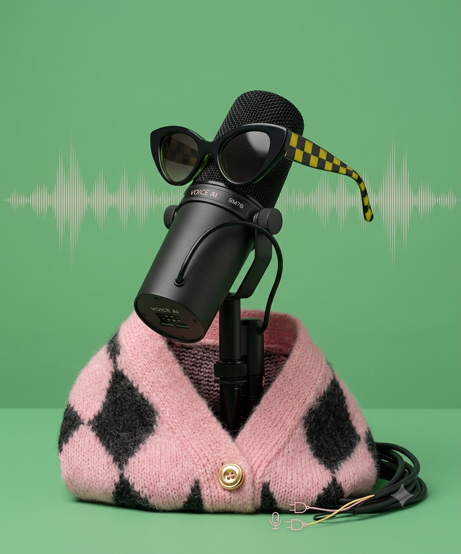 Black microphone wearing black and yellow checkered sunglasses and draped in a pink and black patterned knitted scarf, set against a green background with a white audio waveform behind it.