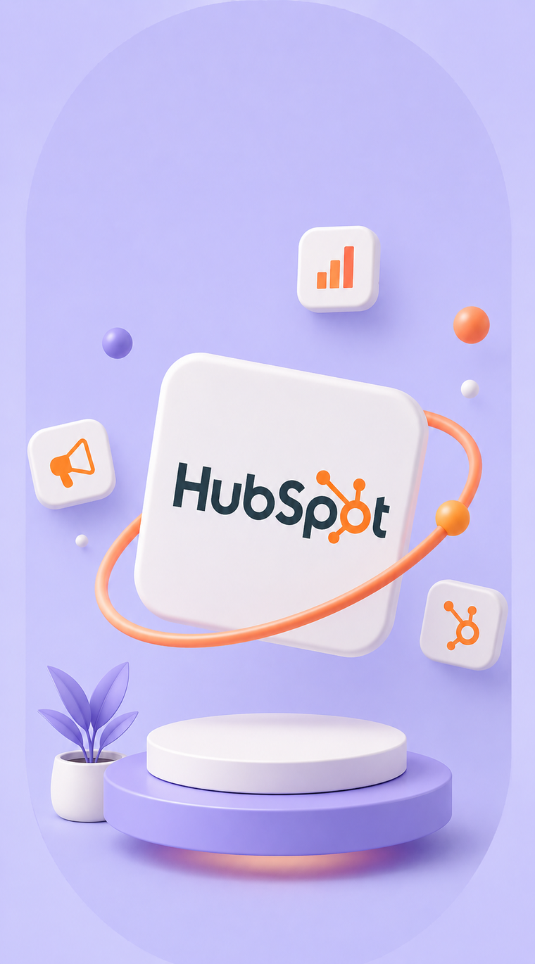3D illustration of the HubSpot logo on a white square floating above a purple circular platform, surrounded by four small floating white squares with orange marketing and analytics icons, and a small potted plant with purple leaves on the left.