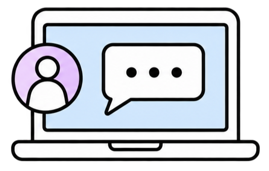Icon of a laptop computer with a chat bubble containing three dots on the screen and a user avatar symbol on the left side of the screen.
