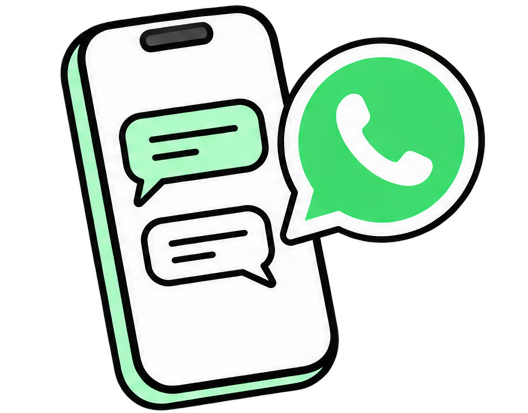 Illustration of a smartphone with chat bubbles on its screen and the WhatsApp logo depicted as a green circle with a white phone inside a chat bubble next to it.