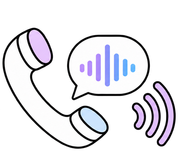 A stylized white telephone handset with purple and blue accents next to a speech bubble containing a purple and blue soundwave icon, with curved lines indicating sound waves emitting from the handset.