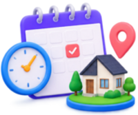 3D illustration of a calendar with a red checkmark on a date, a blue clock showing 2:00, a small house with greenery, and a red location pin symbolizing scheduling and location.