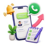3D illustration of a smartphone displaying a chat interface with a user profile icon, surrounded by a WhatsApp logo, a yellow notification bell, a green plant in a white pot, and a checklist with a rising red arrow.