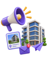 3D illustration of a purple and yellow megaphone, a smartphone displaying a house image, a purple envelope with one notification badge, and a paper airplane, set in front of a modern multi-story building with trees.