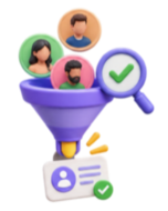 3D illustration of three user profile icons inside a purple funnel with a magnifying glass showing a green checkmark, and a signed ID card with a green checkmark below the funnel.