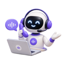 Friendly robot wearing headphones and a microphone, smiling with closed eyes, using a laptop, with a speech bubble showing audio wave symbols.