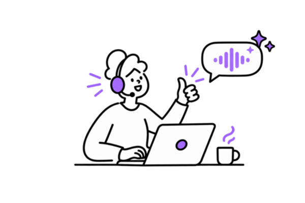 Illustration of a person with headphones and microphone sitting at a laptop, giving a thumbs up with a speech bubble showing a voice waveform, and a steaming cup beside them.