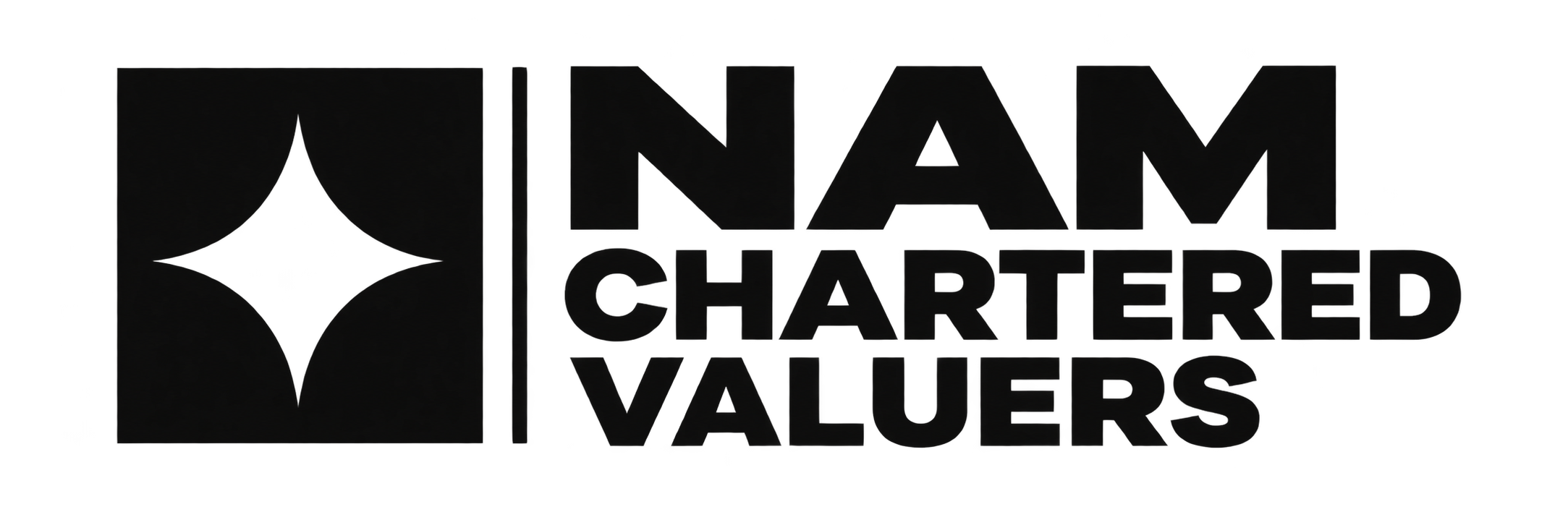 Logo with a geometric star-like shape inside a square on the left and the text 'NAM CHARTERED VALUERS' in bold on the right.