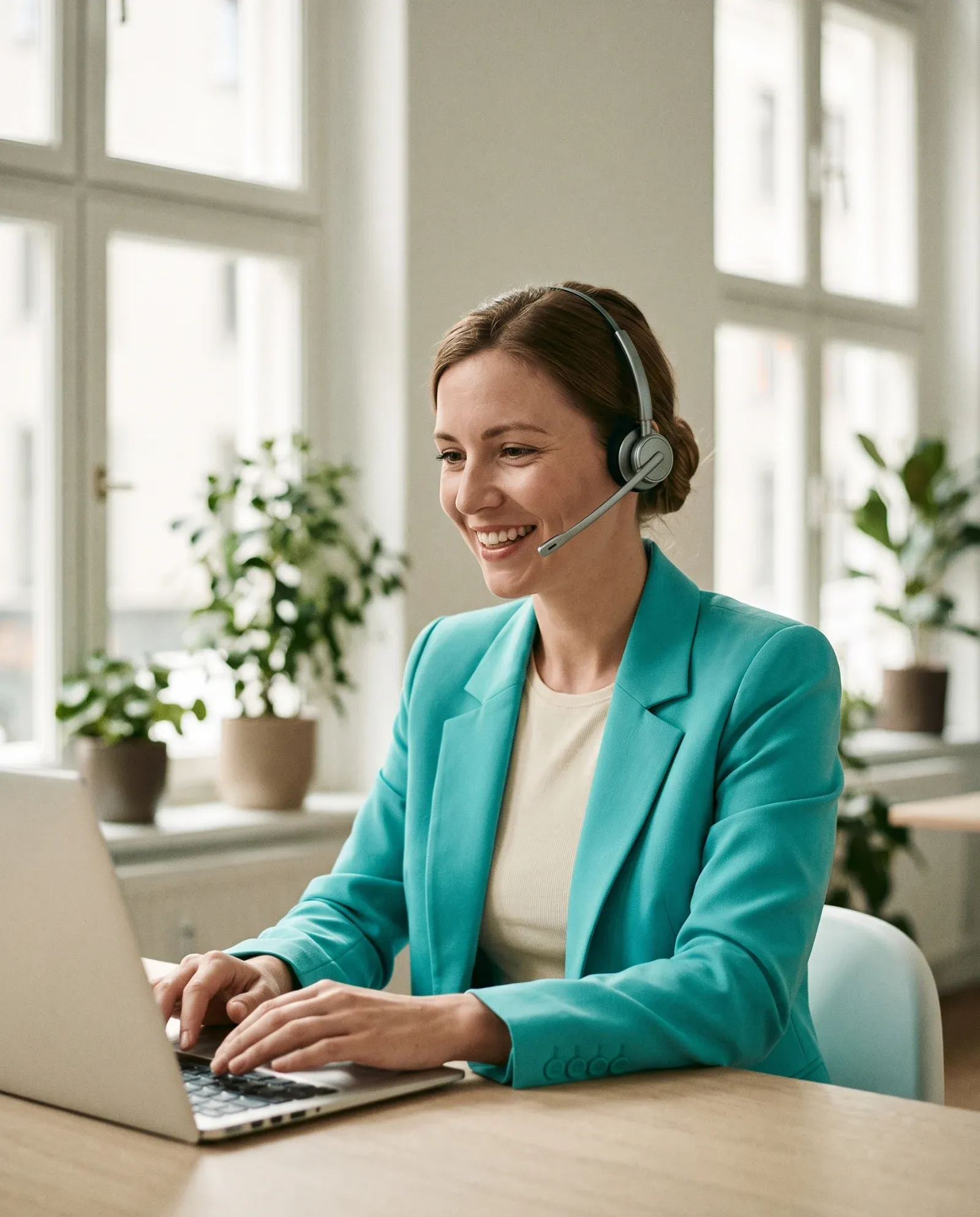 Recruiterin von TalentQuartier mit Headset im Büro in Wien