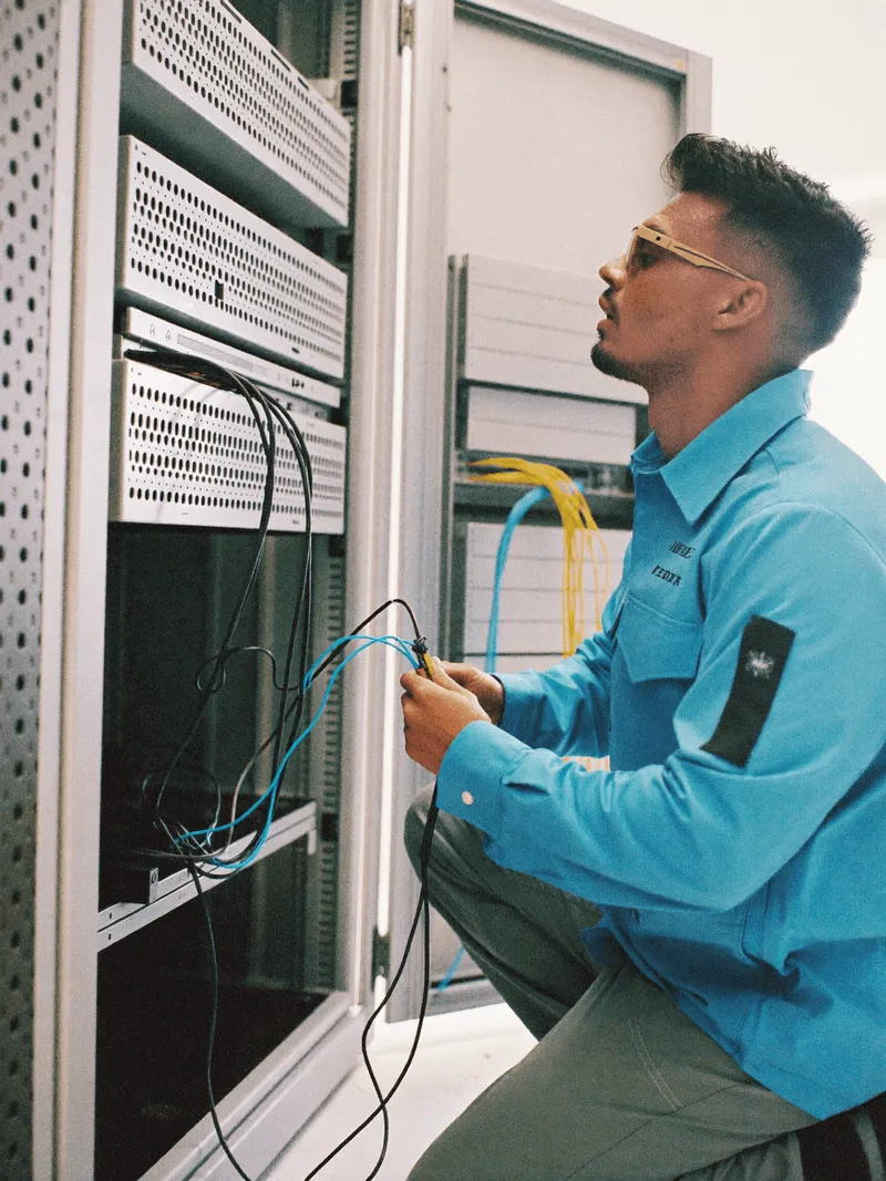 IT-Techniker verkabelt einen Serverschrank