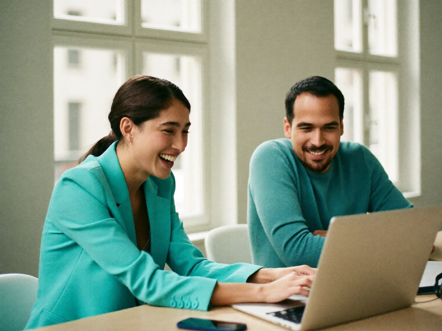 Recruiterin und Recruiter im Gespräch an einem Laptop