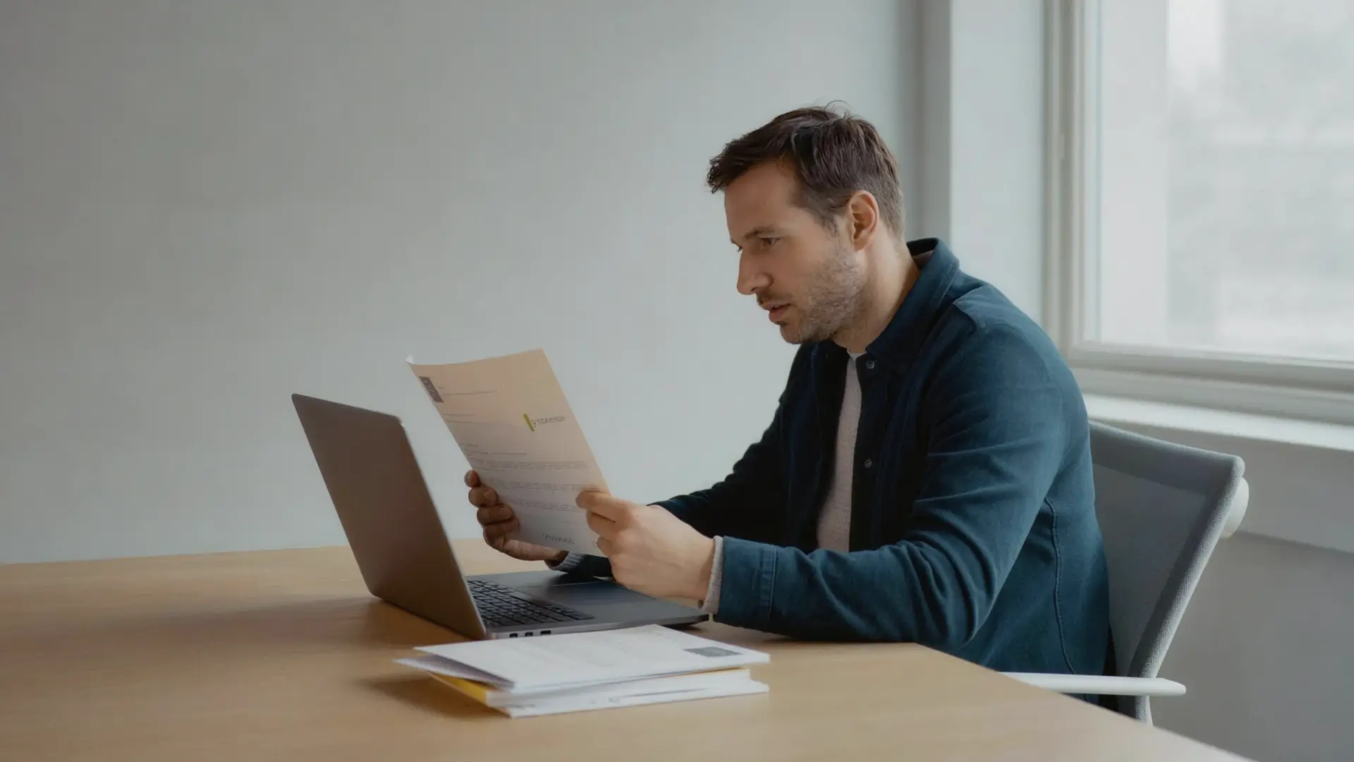Personalleiter liest am Schreibtisch einen ausgedruckten Lebenslauf neben seinem Laptop