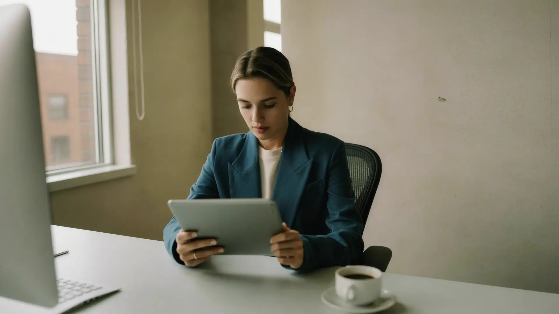 Personalverantwortliche liest am Morgen am Tablet die Zusammenfassung eines Vorgesprächs