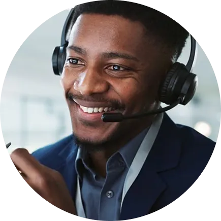 Smiling support agent wearing a headset