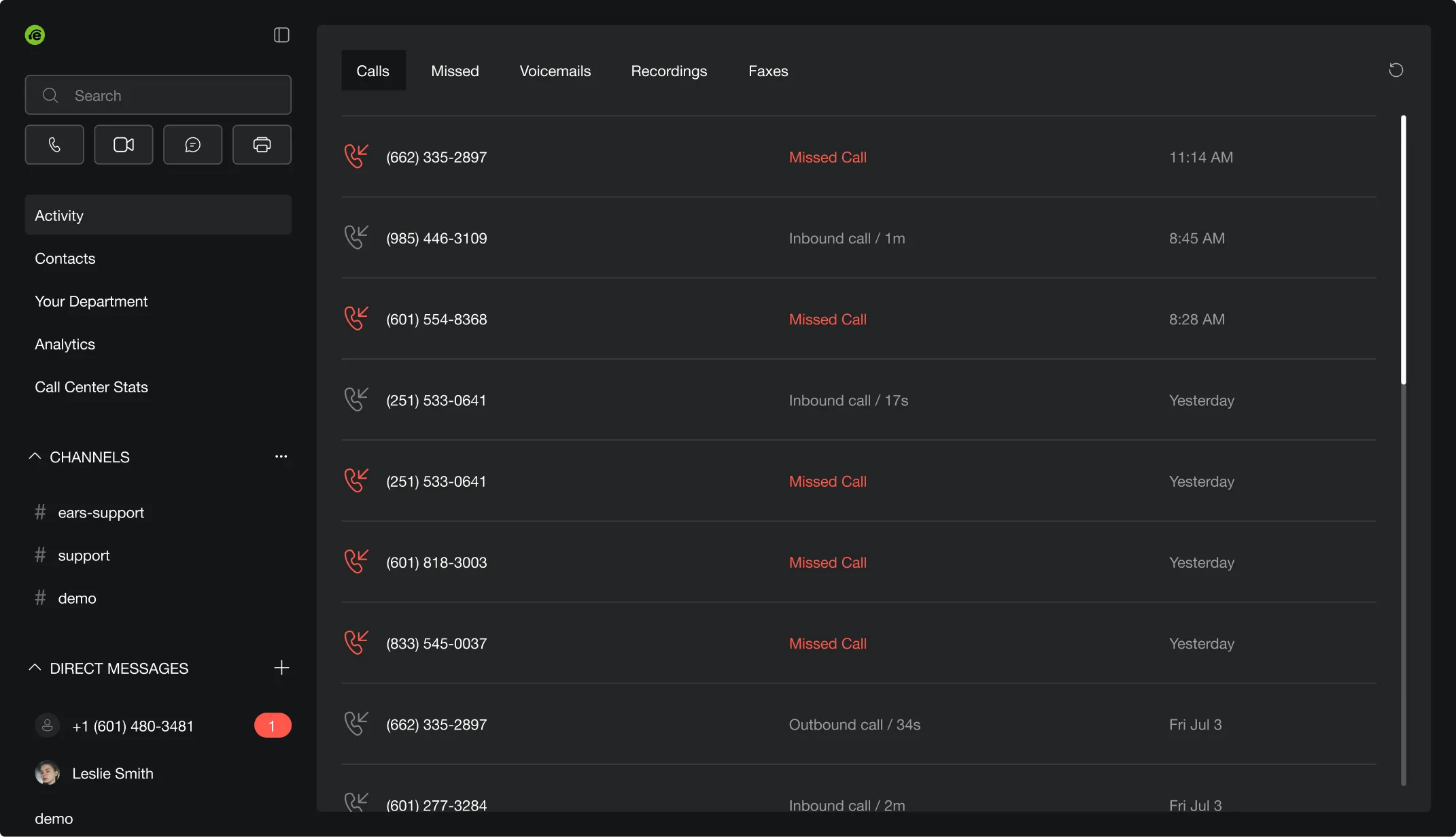 EARS call activity log with missed and inbound calls