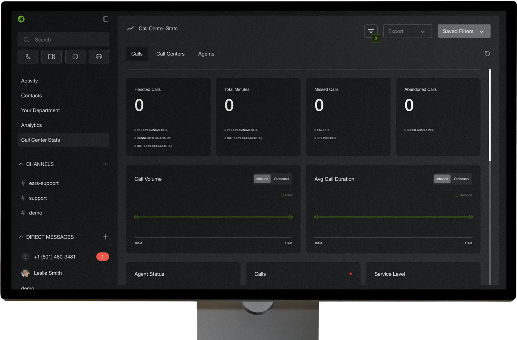 EARS call center stats dashboard on a desktop monitor
