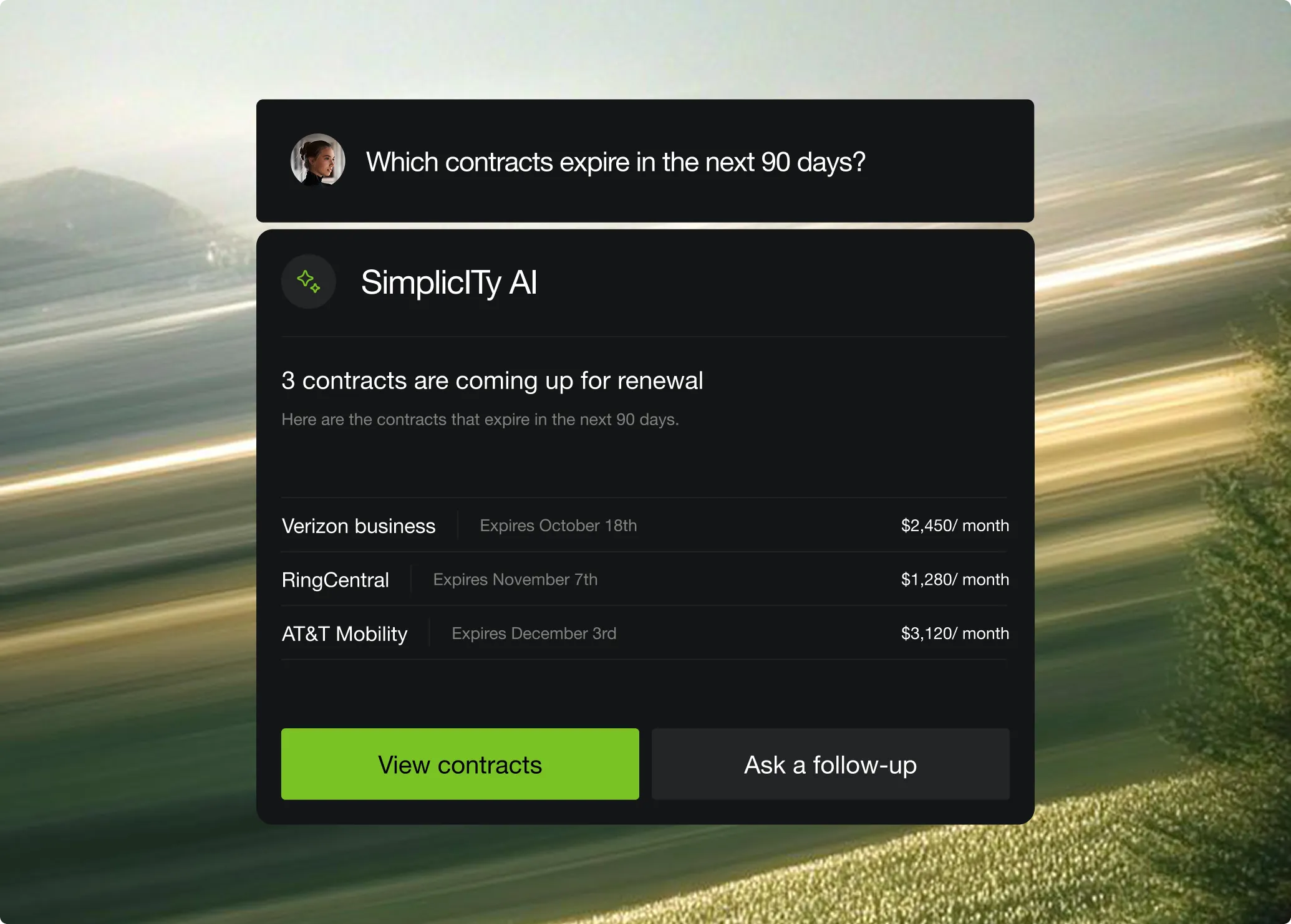 Simplicity AI answering which contracts expire in the next 90 days