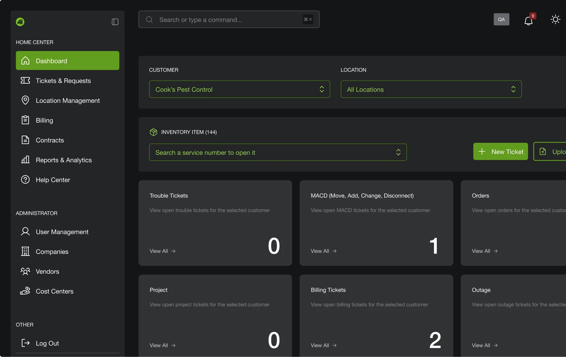 Simplicity dashboard showing trouble tickets, orders and billing tickets
