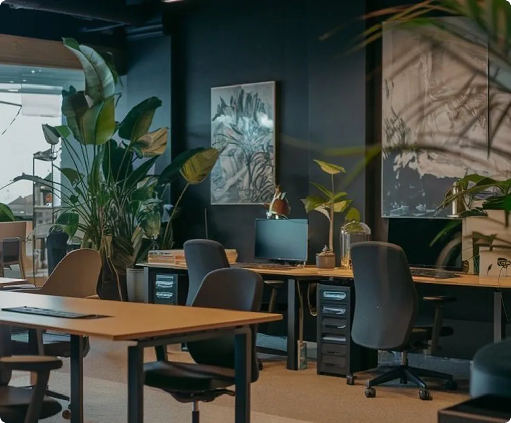 Modern office workspace with desks and plants