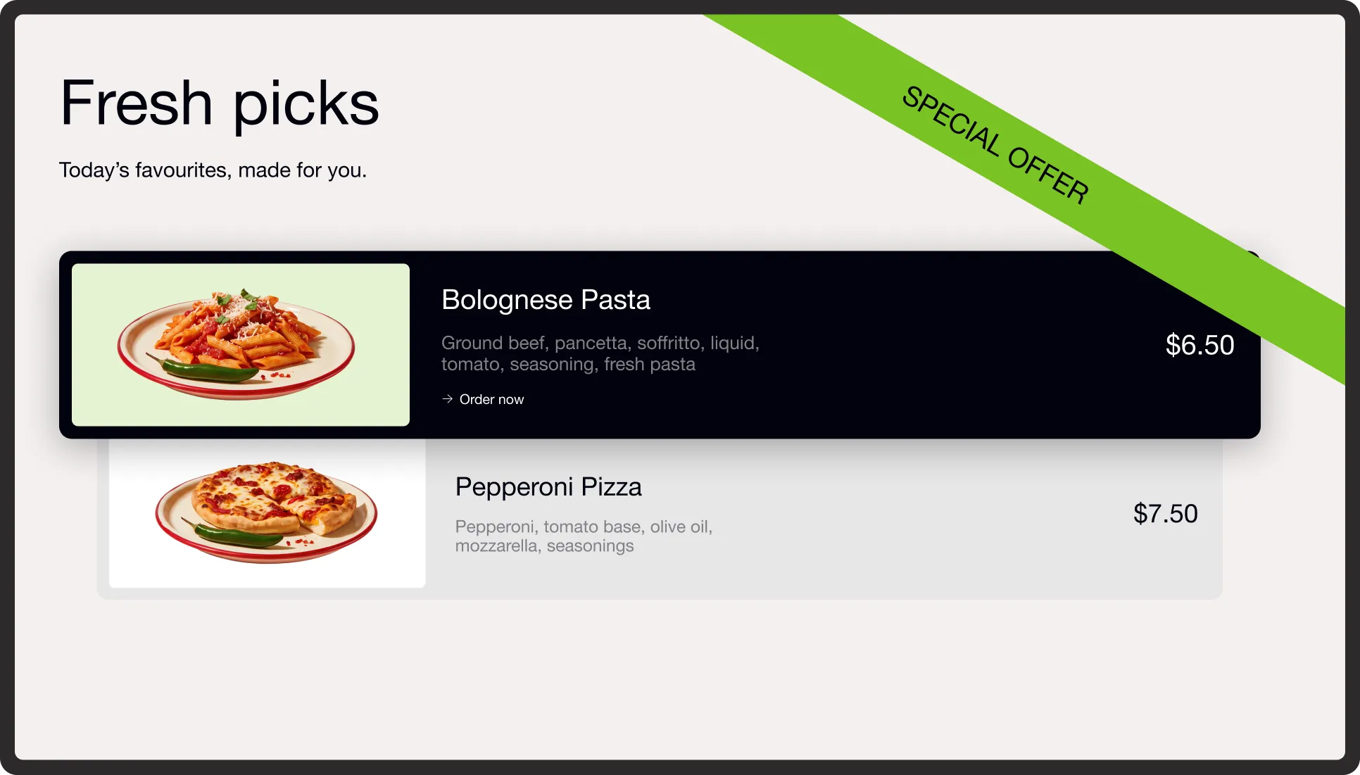Digital signage menu board showing pasta and pizza specials