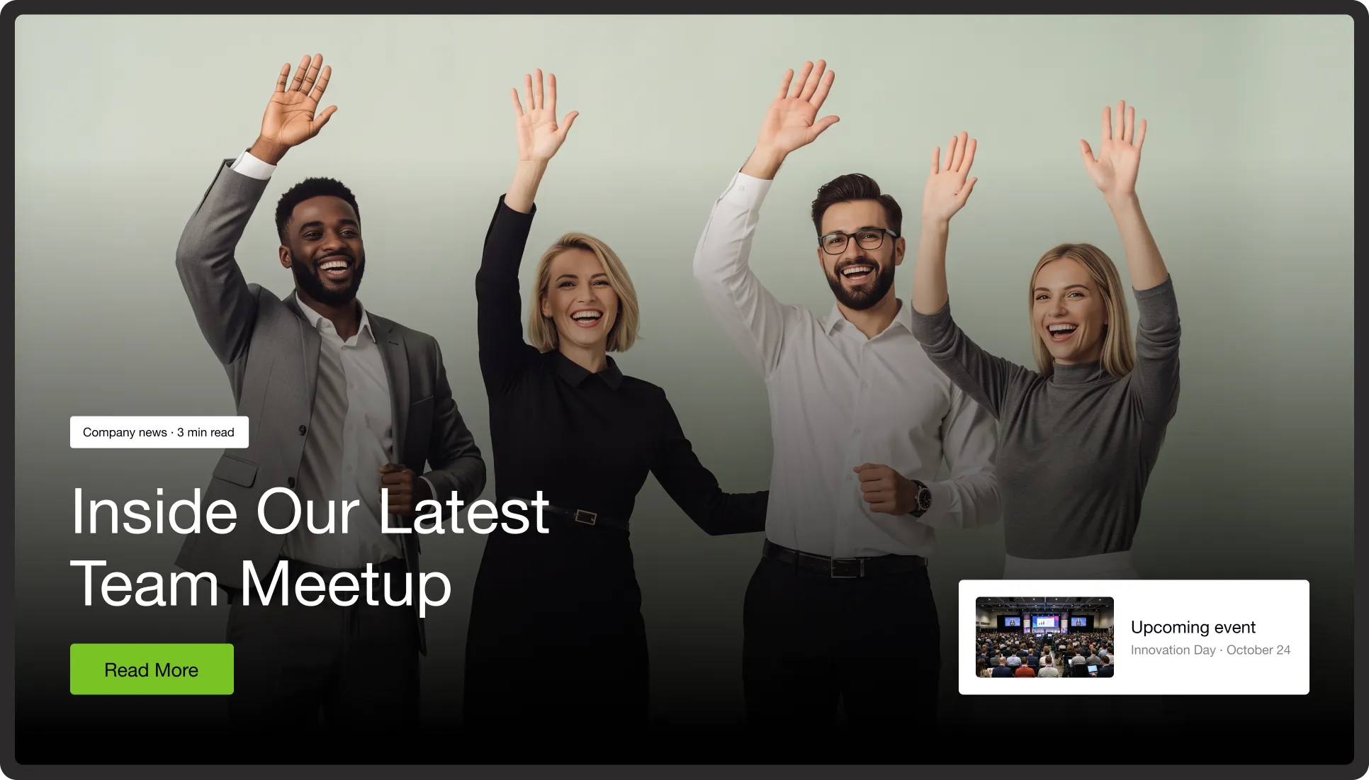 Digital signage screen with company news about a team meetup
