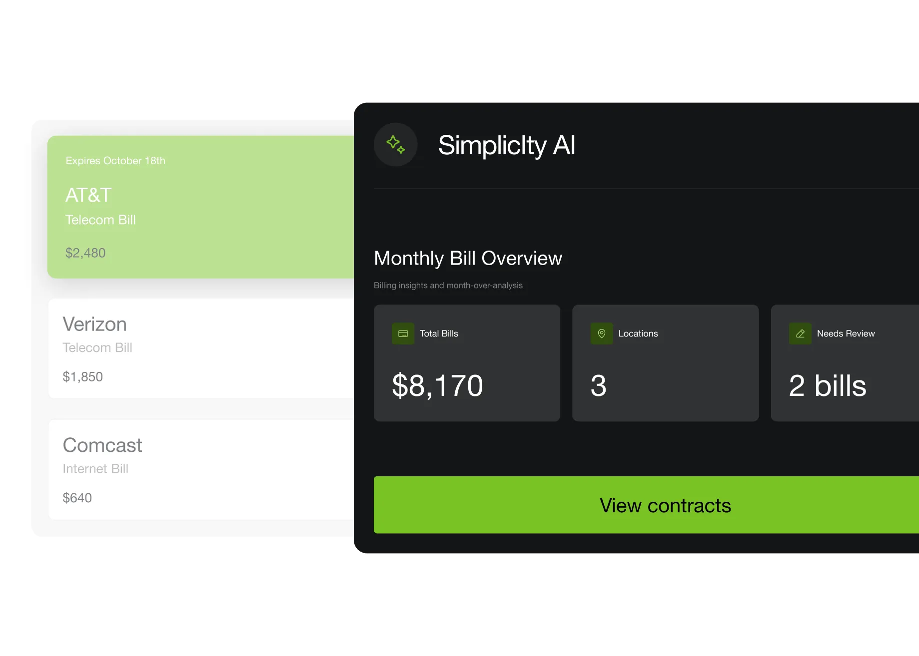 Simplicity AI monthly bill overview with total bills, locations and bills needing review