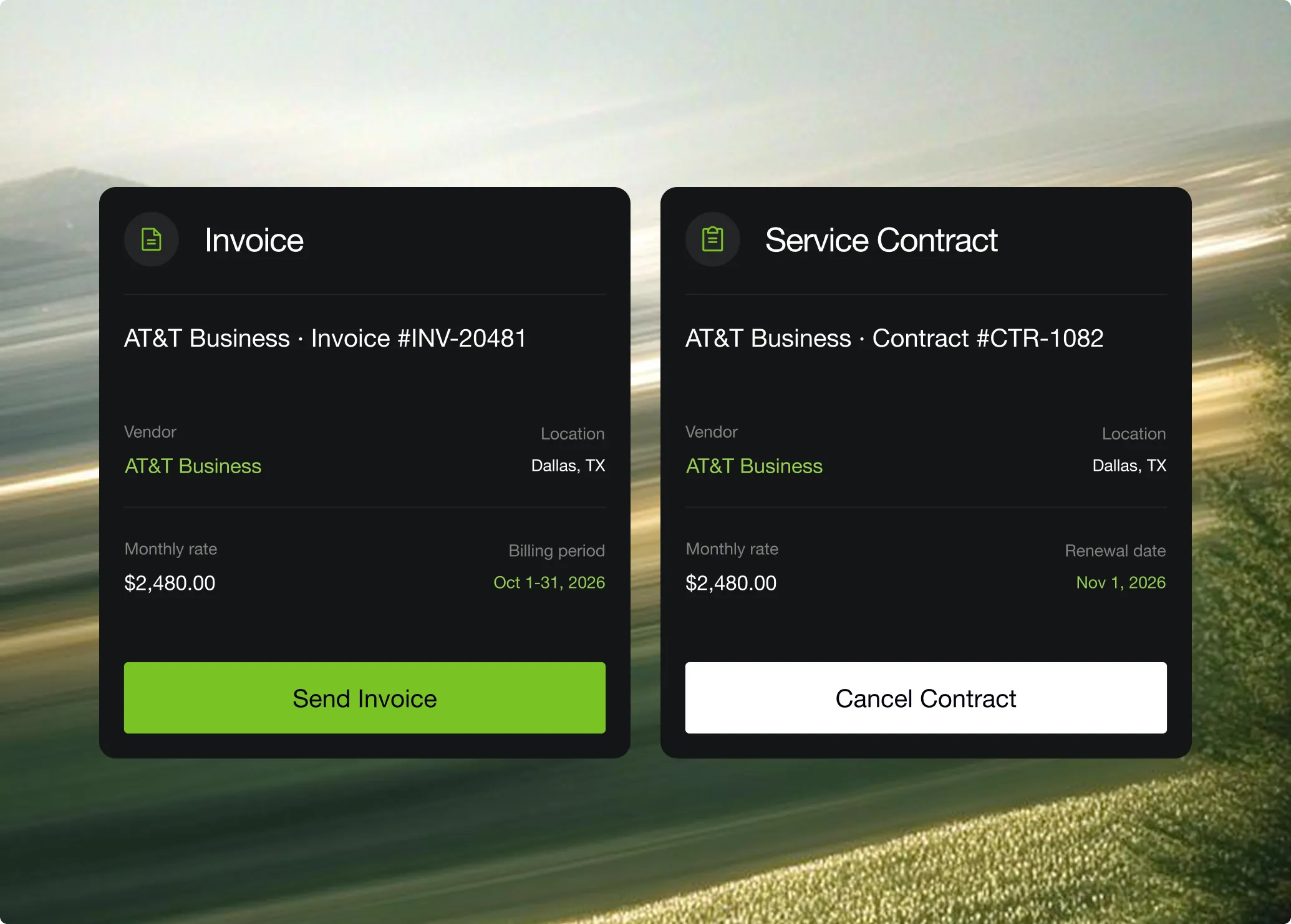 Simplicity invoice and service contract details for an AT&T Business account