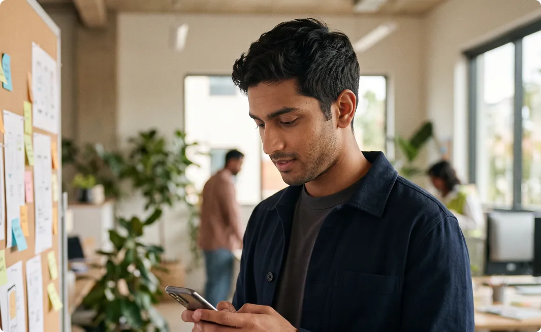 Man checking his phone in a bright office