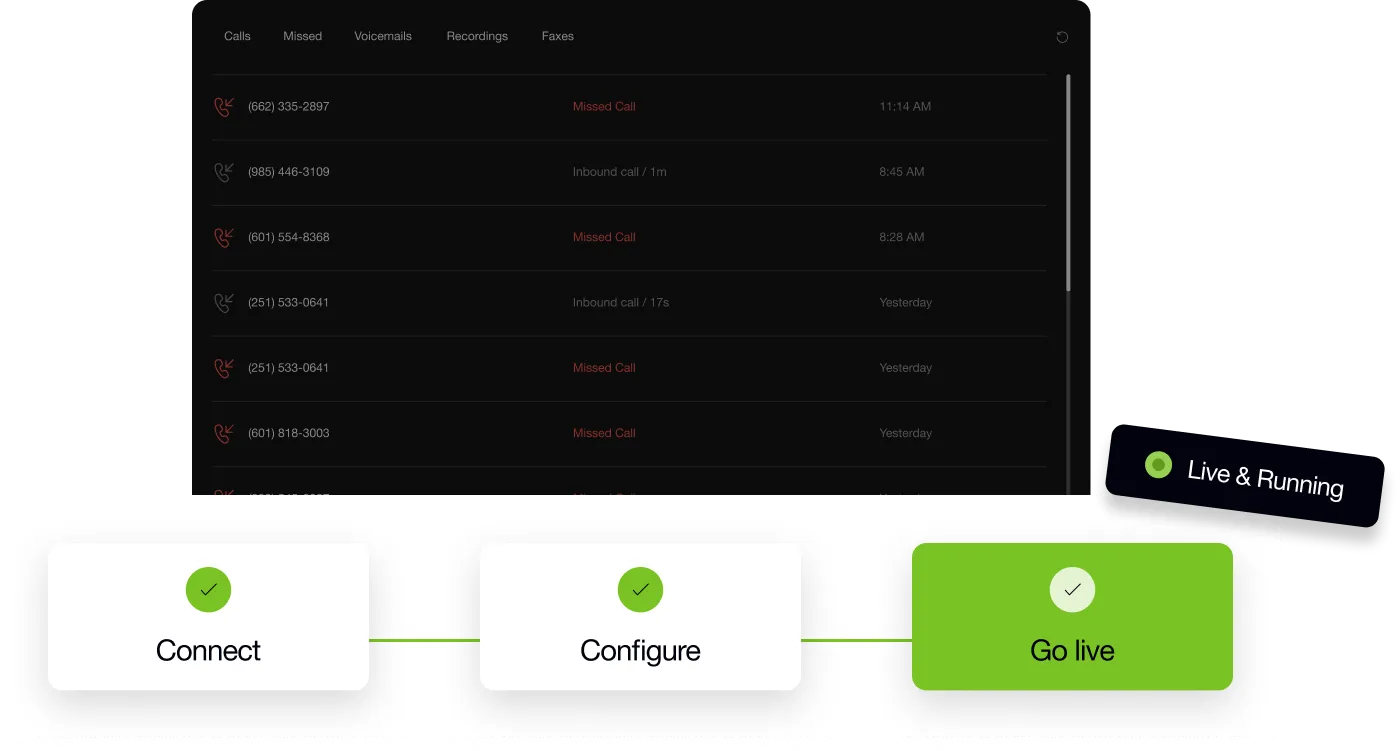 EARS call log with Connect, Configure and Go live setup steps
