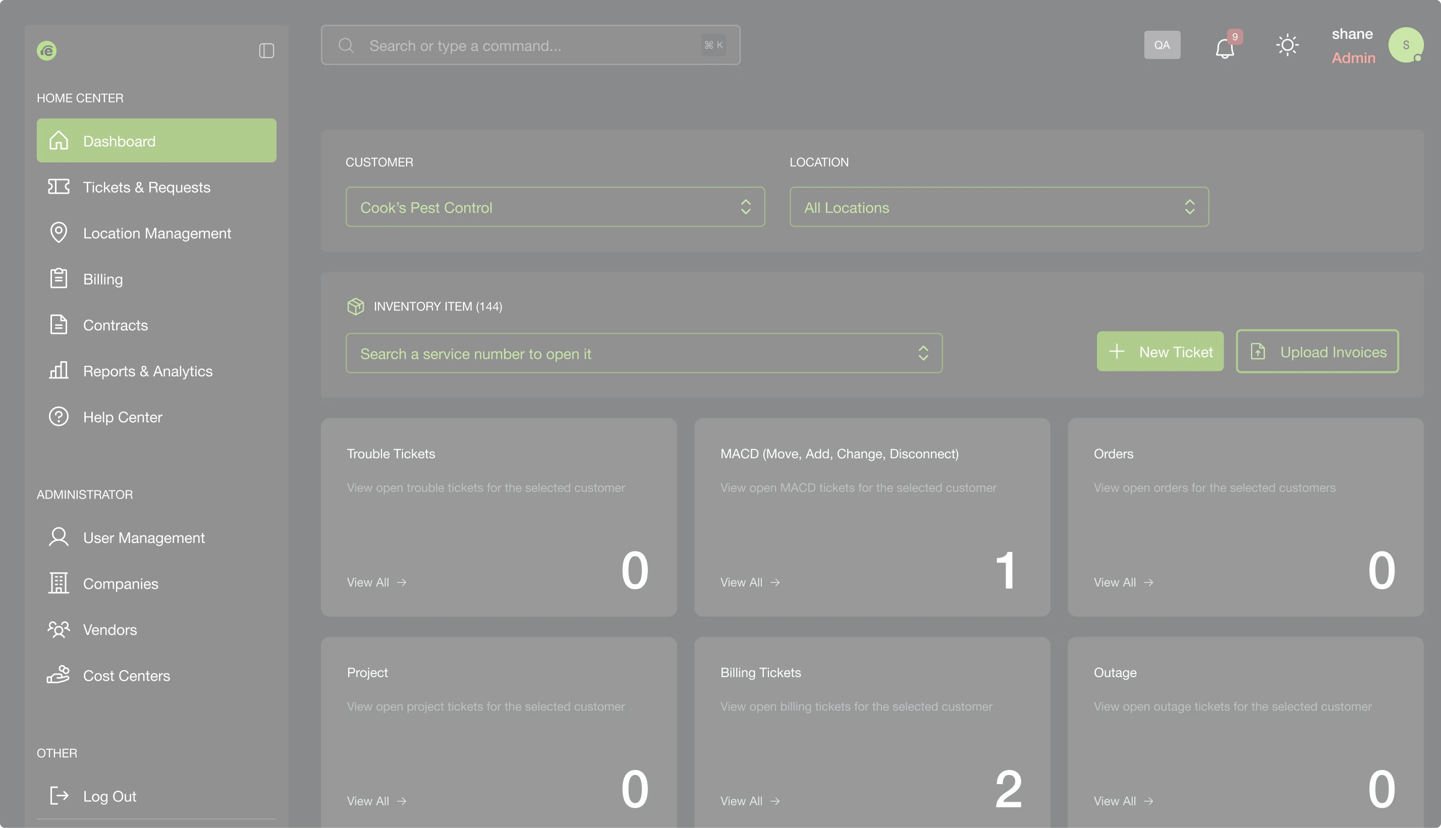 Juvo dashboard showing tickets, orders and billing at a glance