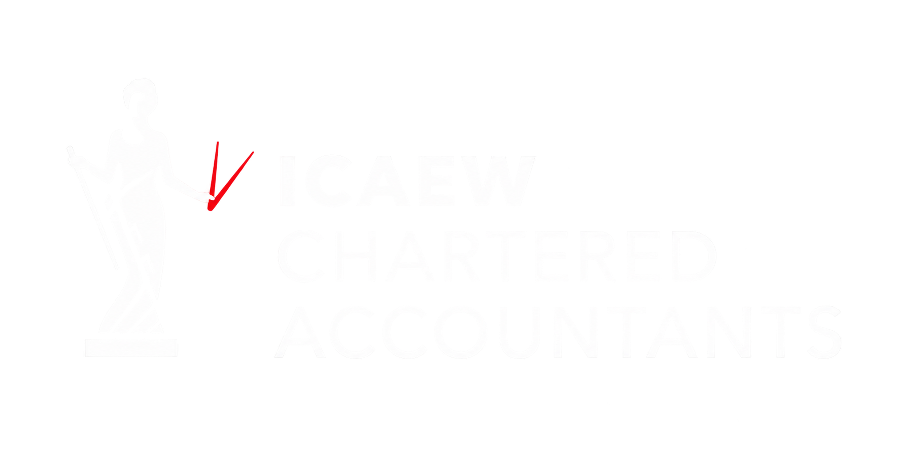 ICAEW Chartered Accountants logo with a white statue holding red compasses on black background.