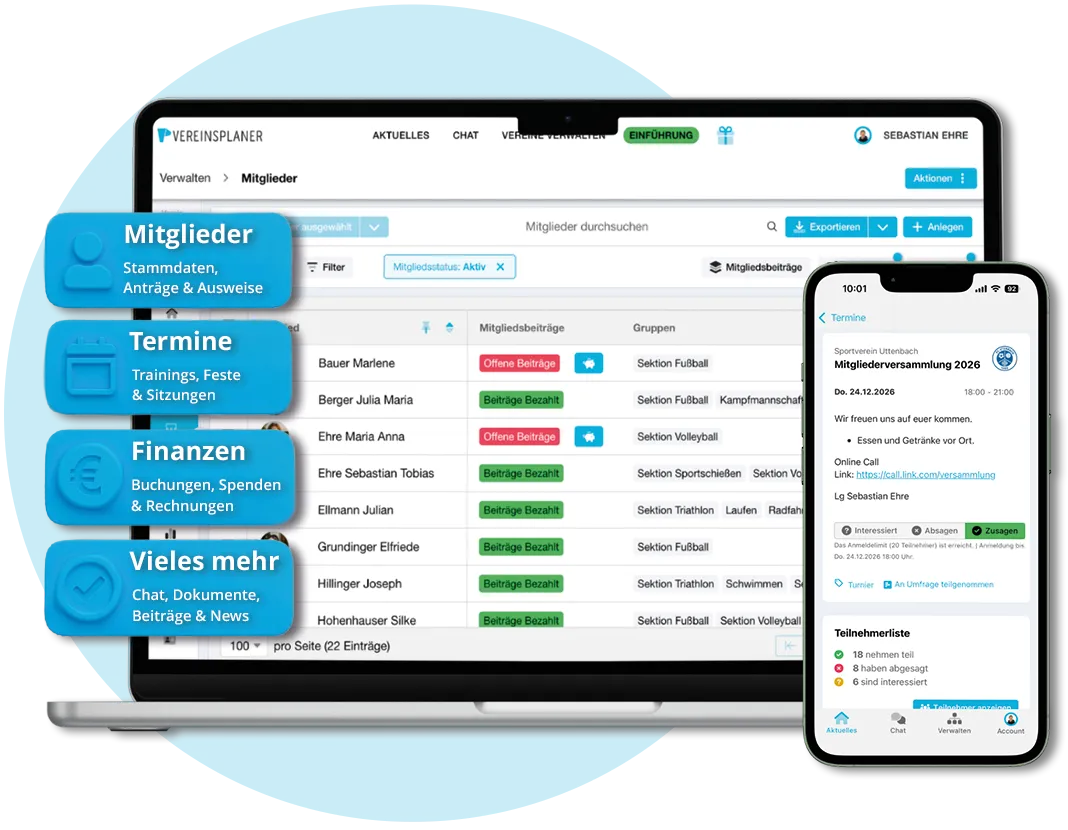 Vereinsplaner sowohl im Web als auch in der mobilen App