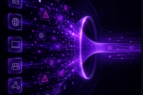 Abstract illustration of scattered cybersecurity data and alerts funneling through a glowing purple vortex into a single, focused stream