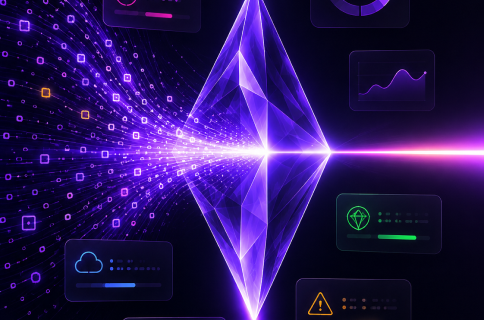 Abstract illustration of scattered data streams converging through a glowing crystal into a focused beam, surrounded by dashboard panels showing cloud status, analytics, and alerts