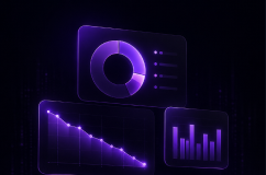 Illustration of glowing purple dashboard panels showing a donut chart, a declining trend line, and a bar chart