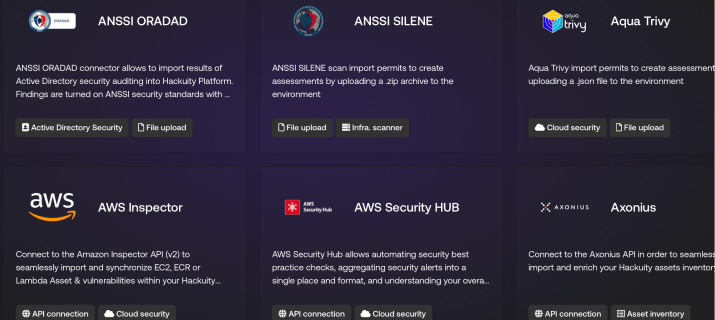 illustration of a sofwareScreenshot of the Hackuity integrations catalog showing connector cards for ANSSI ORADAD, ANSSI SILENE, Aqua Trivy, AWS Inspector, AWS Security Hub, and Axonius